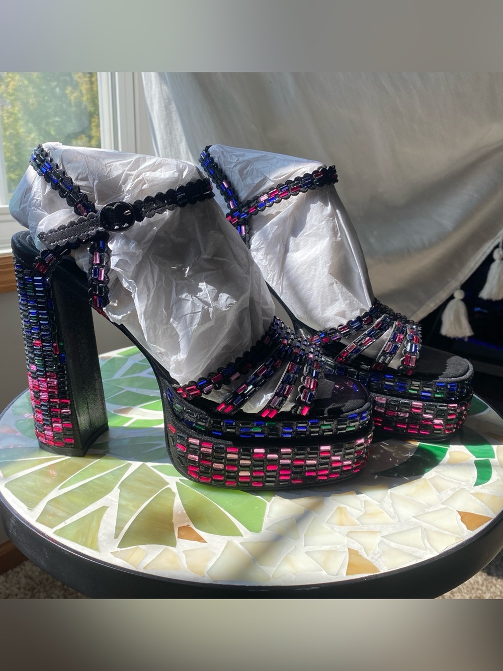 Azalea Wang Birch Multicolor Rhinestone Block Heel Platform Sandals